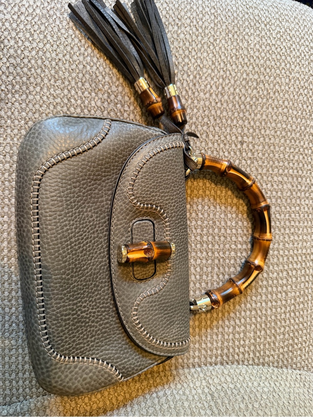 Authentic Gucci Gray Pebbled Leather Top-Handle Bag with Bamboo Handle